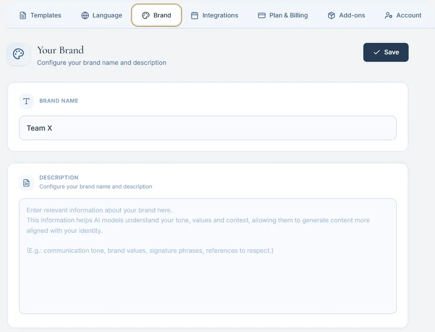 Brand settings with the brand name and description fields visible.