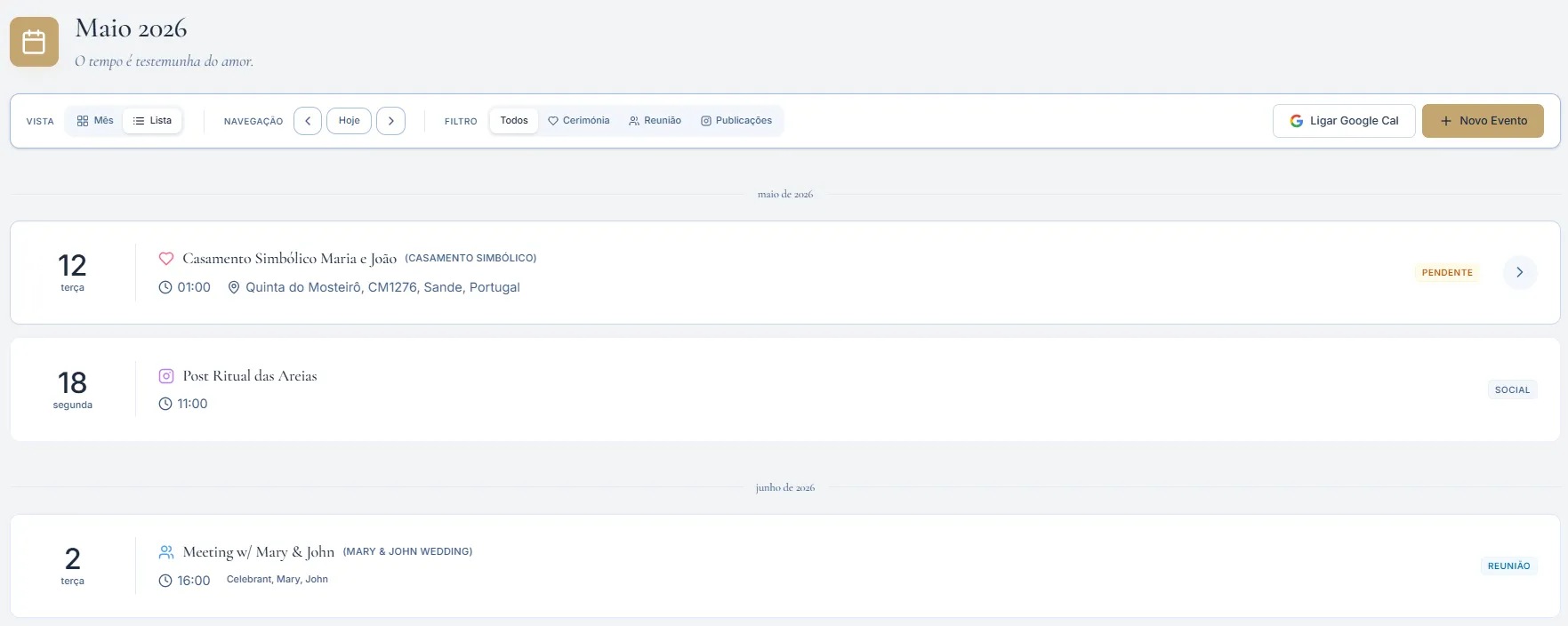 Vista em lista do calendário com alternância entre mês e lista, filtros por tipo e eventos já agendados.