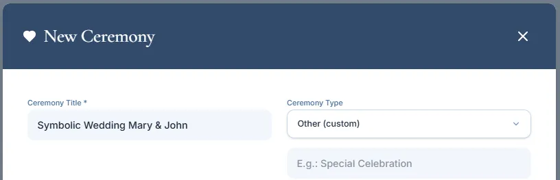 Ceremony Type field with the Other custom option selected and the extra field for the custom name visible.