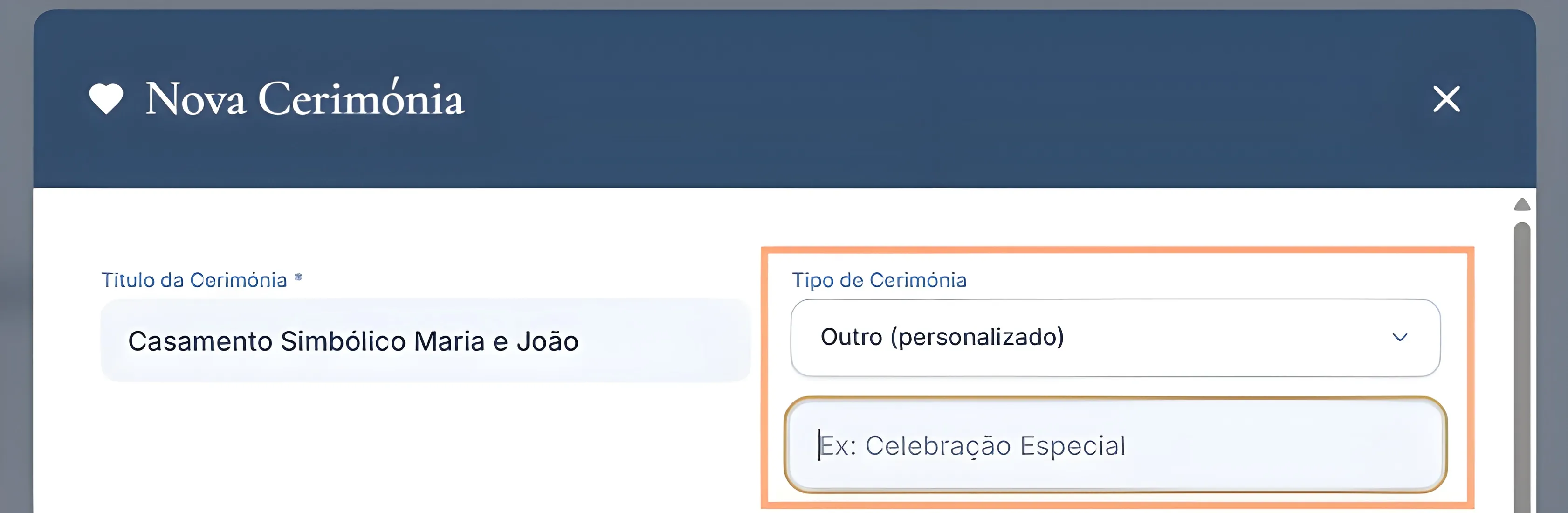 Campo Tipo de Cerimónia com a opção Outro personalizado selecionada e o campo para escrever o nome visível.
