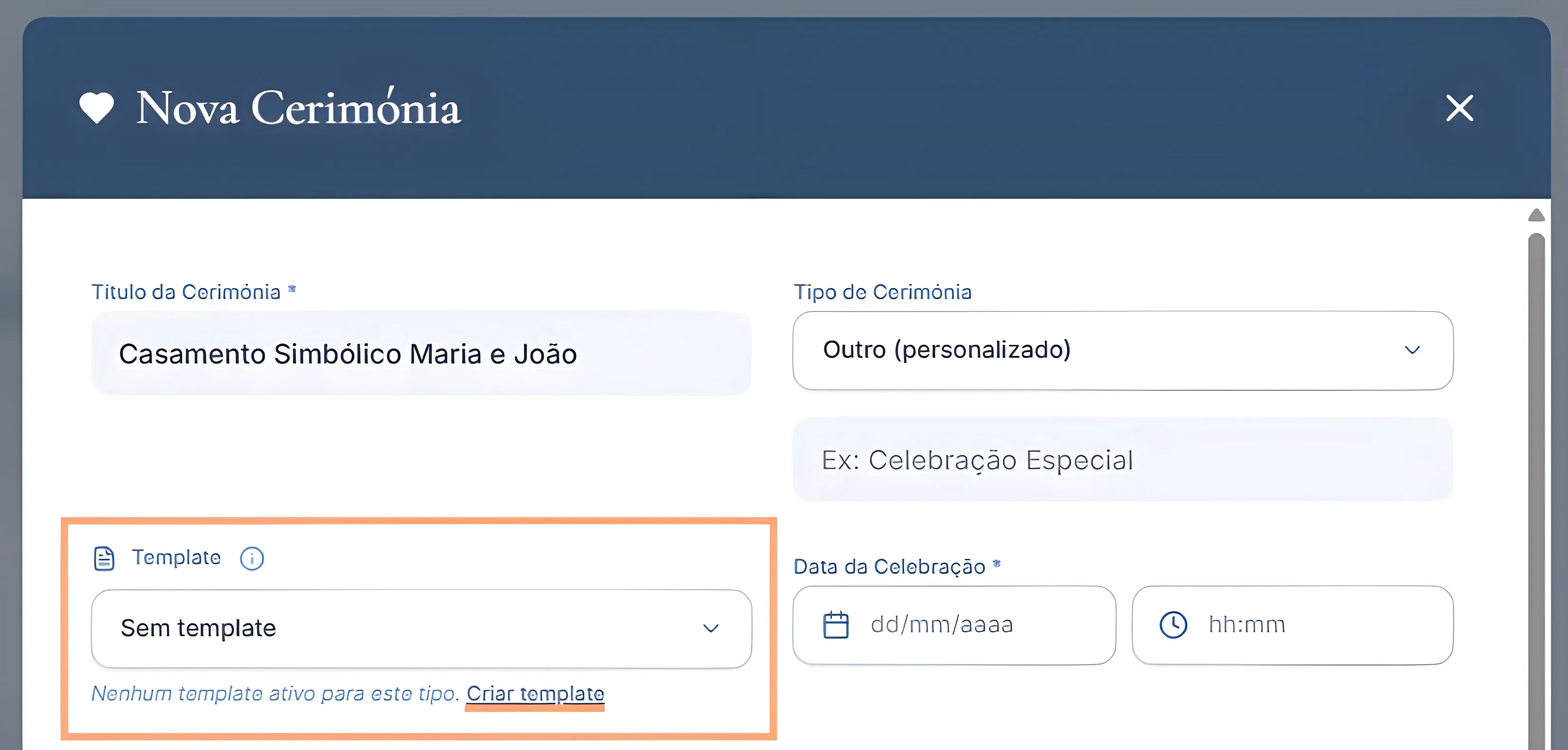 Seletor de template dentro do modal Nova Cerimónia com o link Criar template destacado.