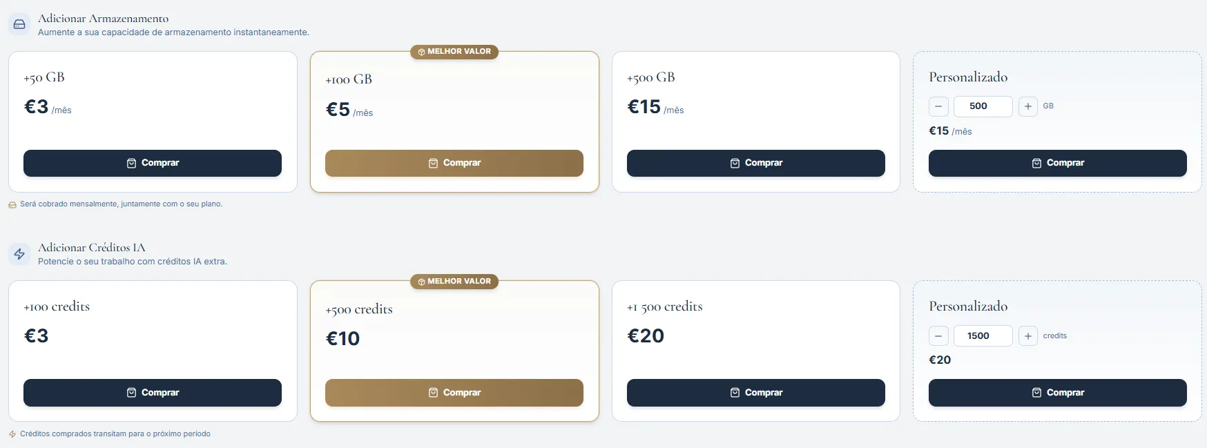 Área de add-ons com opções de armazenamento extra e créditos IA adicionais.