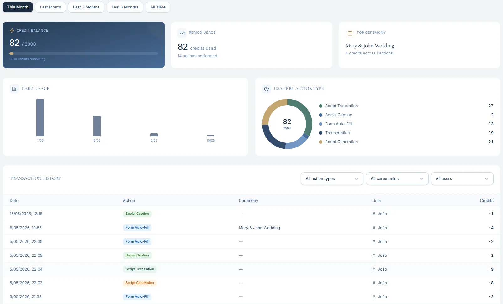 Detailed credits usage view with summary, chart by action type, and transaction history.