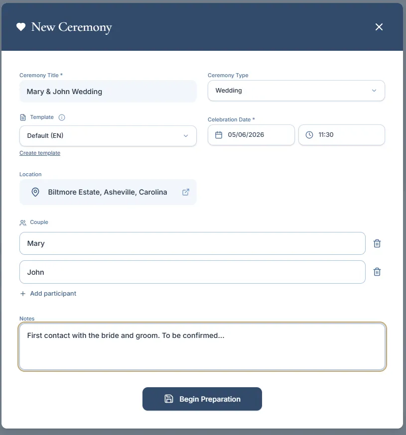 New Ceremony modal with fields for title, type, template, date, location, participants, and notes.