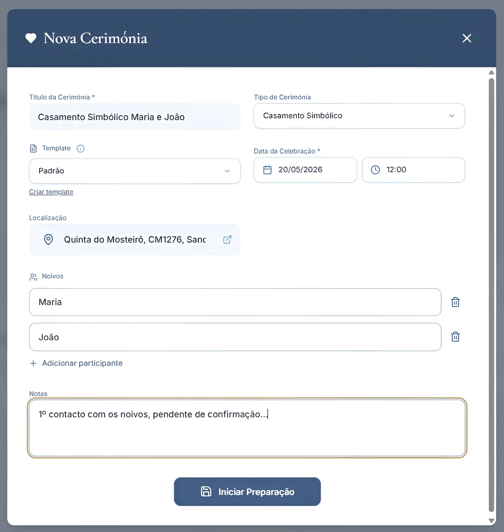Modal Nova Cerimónia com campos de título, tipo, template, data, localização, participantes e notas.