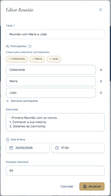 Modal Nova Reunião com título, participantes, descrição, data, hora e duração preenchidos.