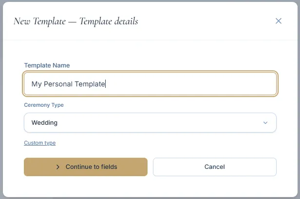 First step of template creation with the template name and ceremony type fields visible.