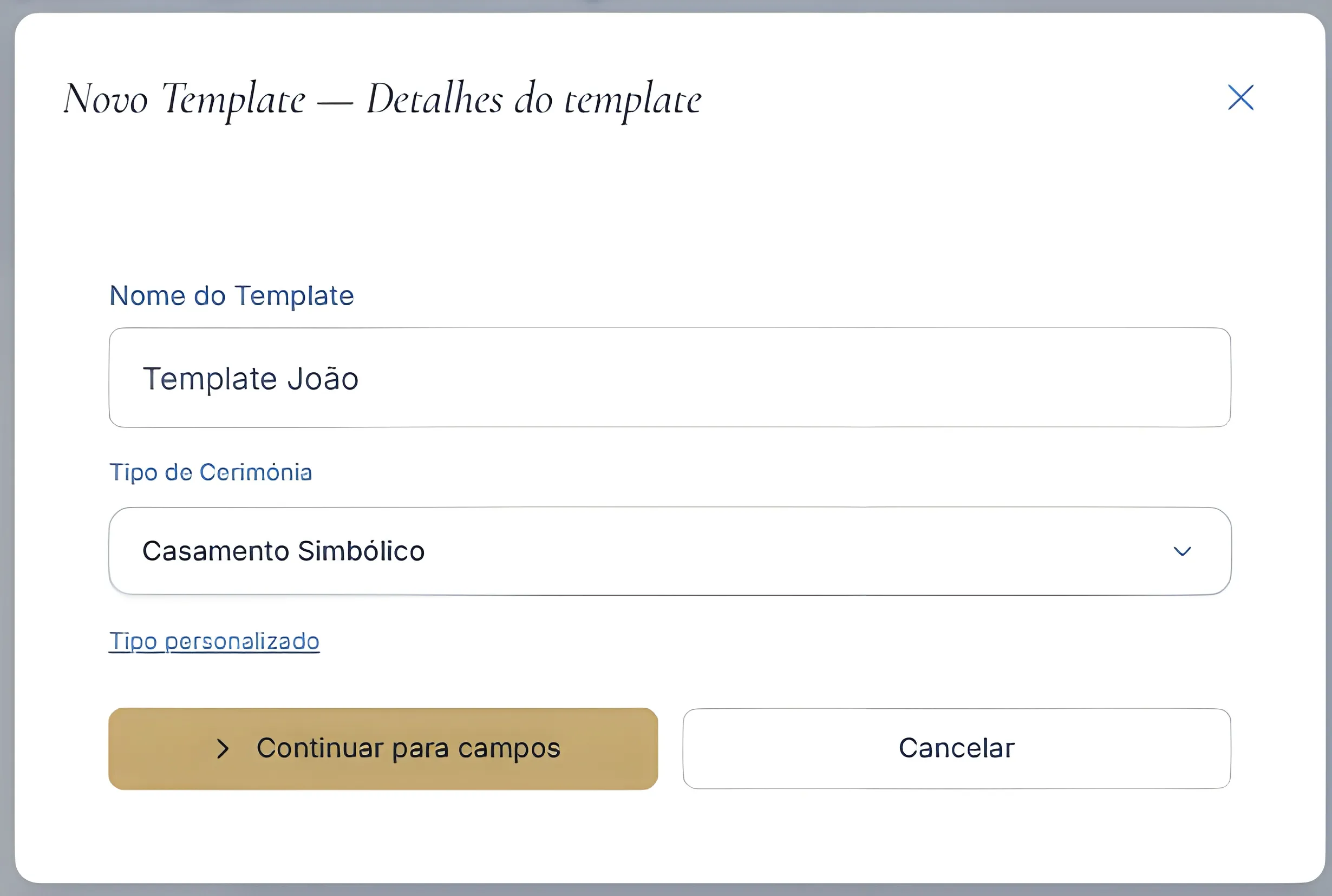 Primeiro passo da criação de template com nome do template e tipo de cerimónia visíveis.