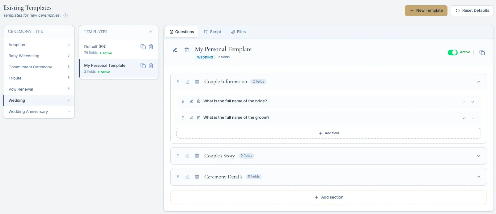Template management view with the template list, sections, and configured fields already visible.