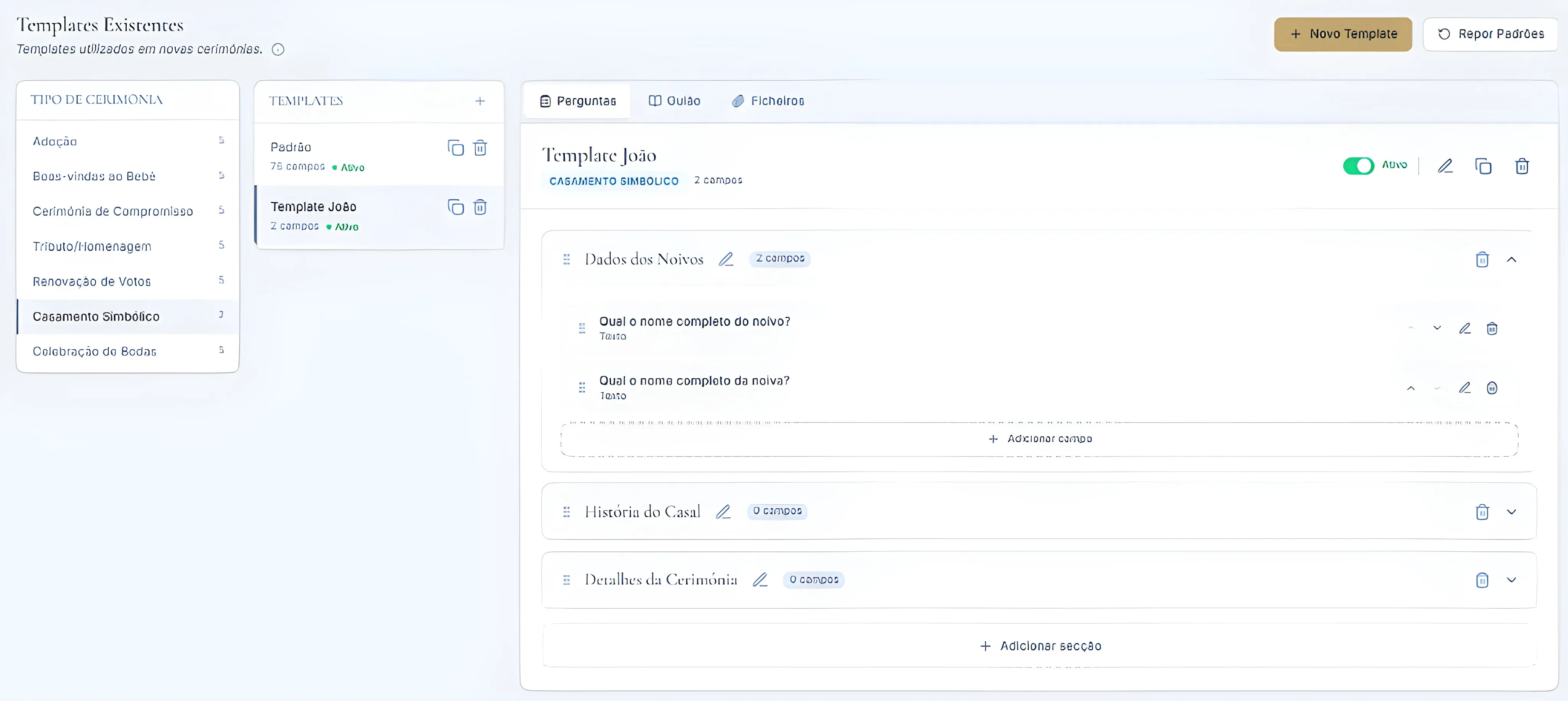 Vista de gestão de um template com lista de templates, secções e campos já configurados.
