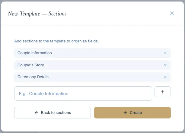 Second step of template creation with the base section selection visible.