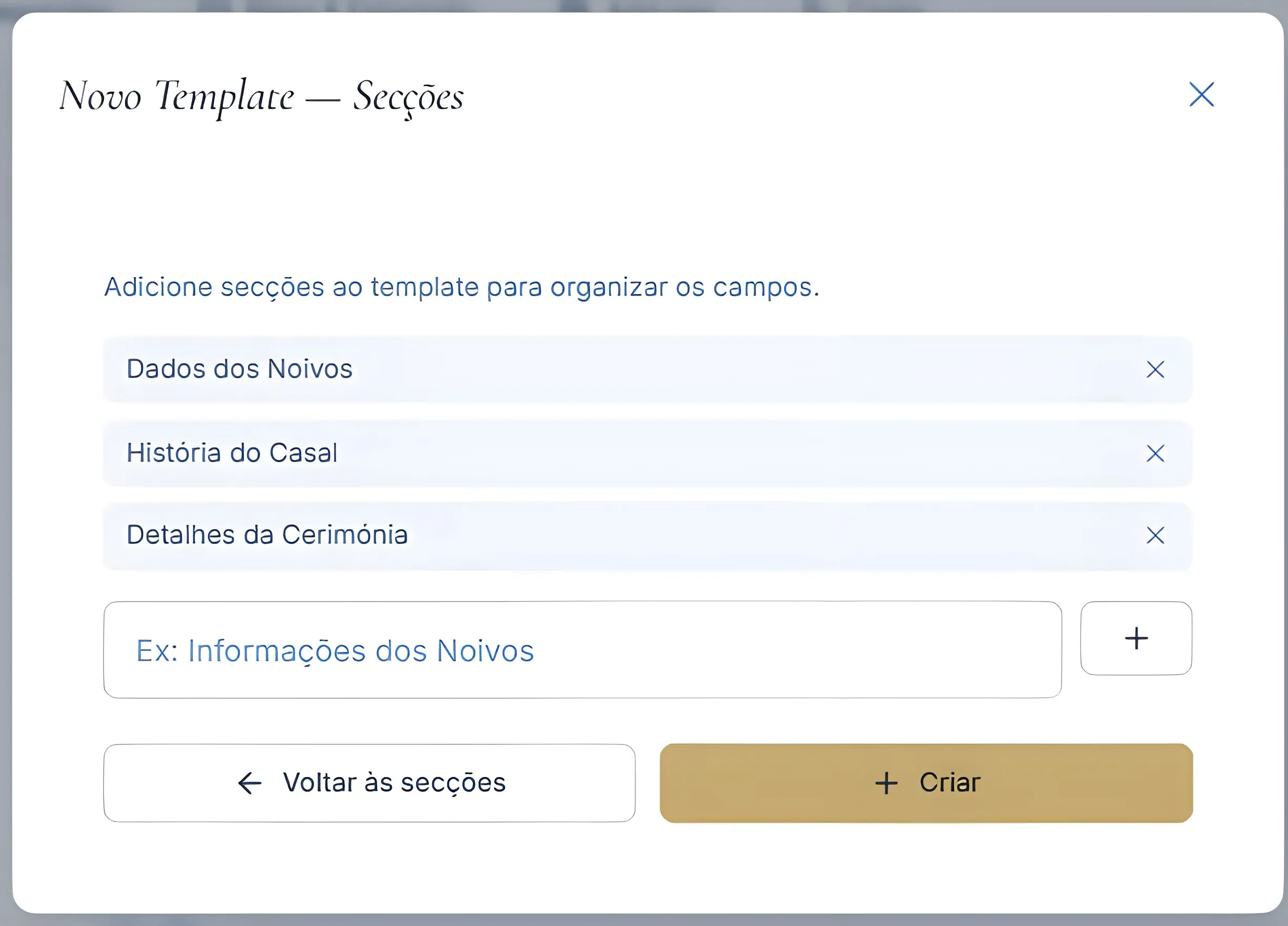Segundo passo da criação de template com a seleção de secções base visível.