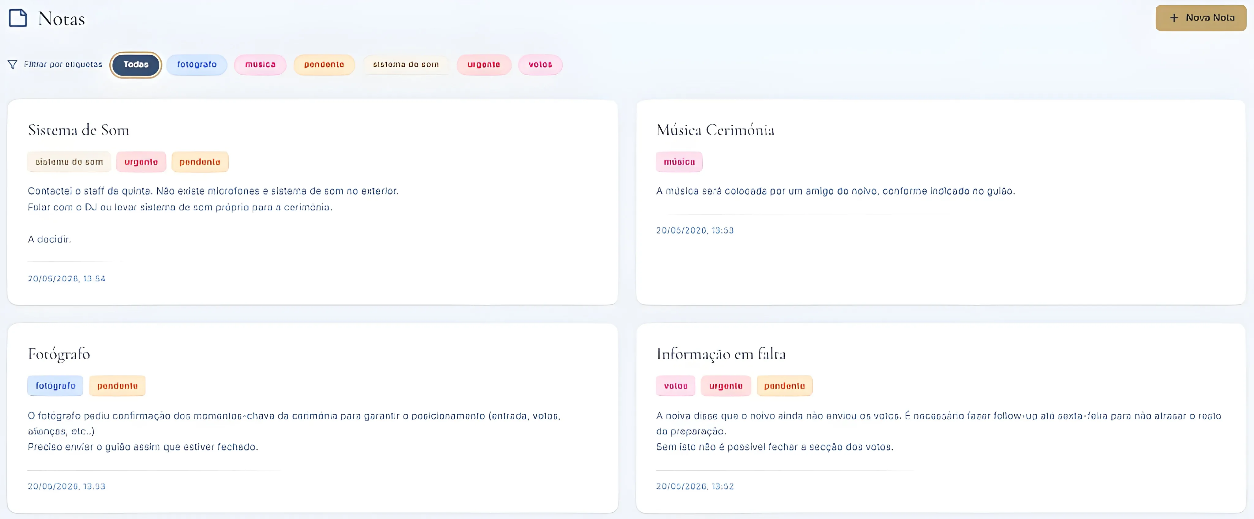 Lista de notas da cerimónia com etiquetas coloridas, data de criação e botão Nova Nota.