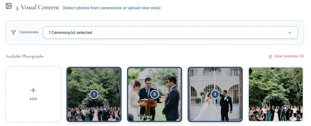 Visual content step with several selected photos numbered according to the publishing order.