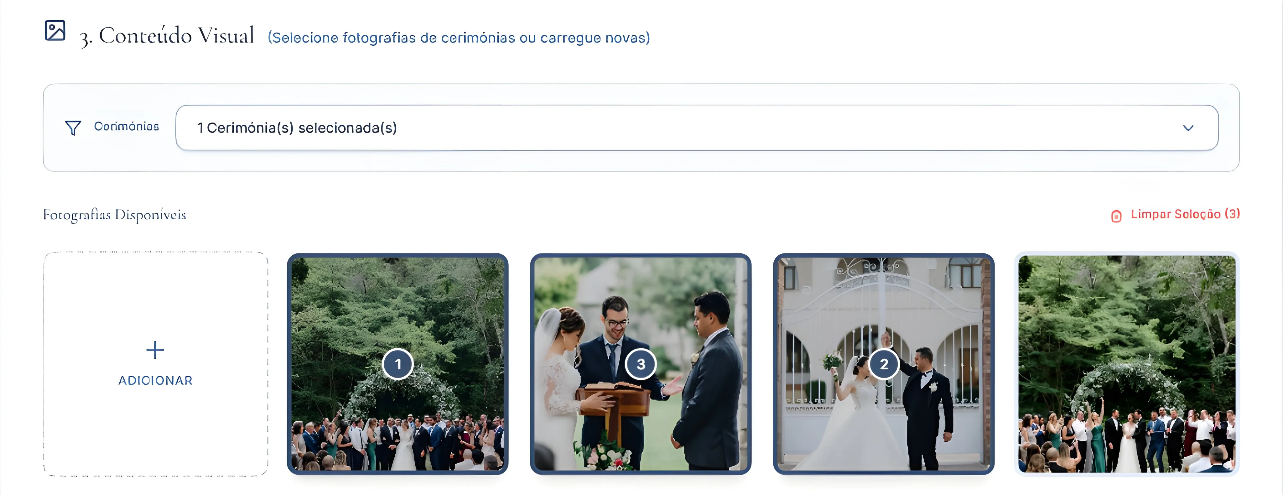 Passo de conteúdo visual com várias fotografias selecionadas e numeradas pela ordem de publicação.