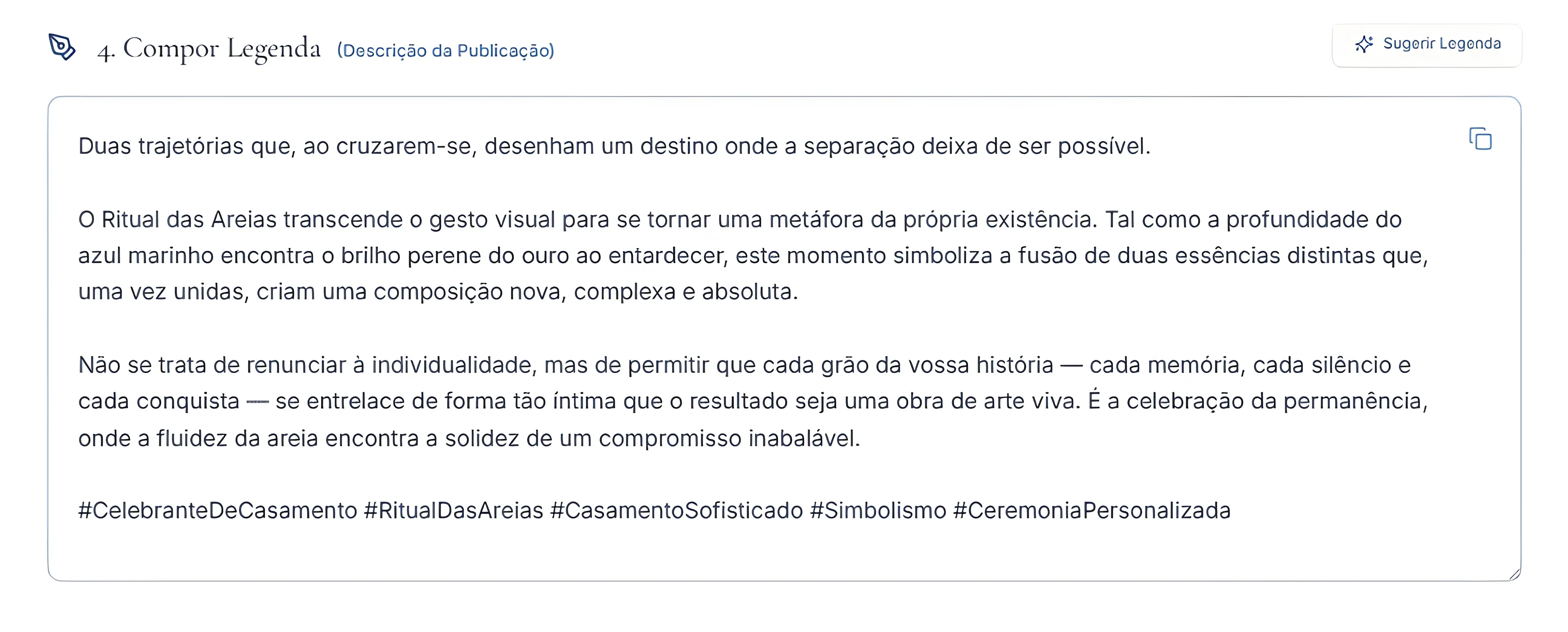 Passo de composição da legenda com texto longo já escrito e botão Sugerir Legenda disponível.