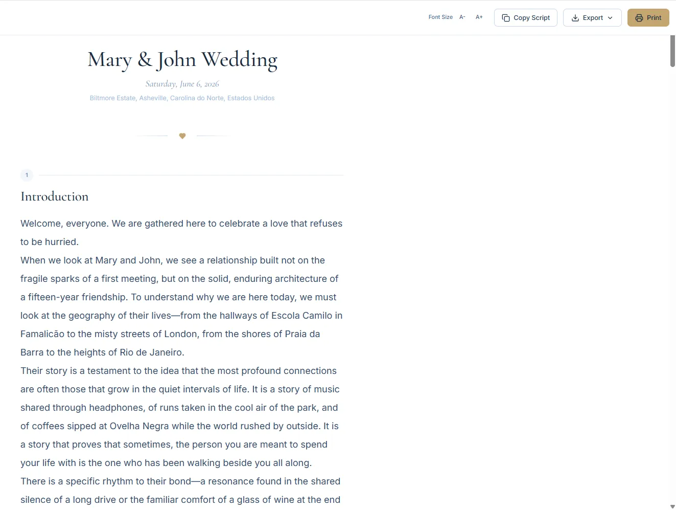 Script preview with a version selector and options to copy, export, and print.