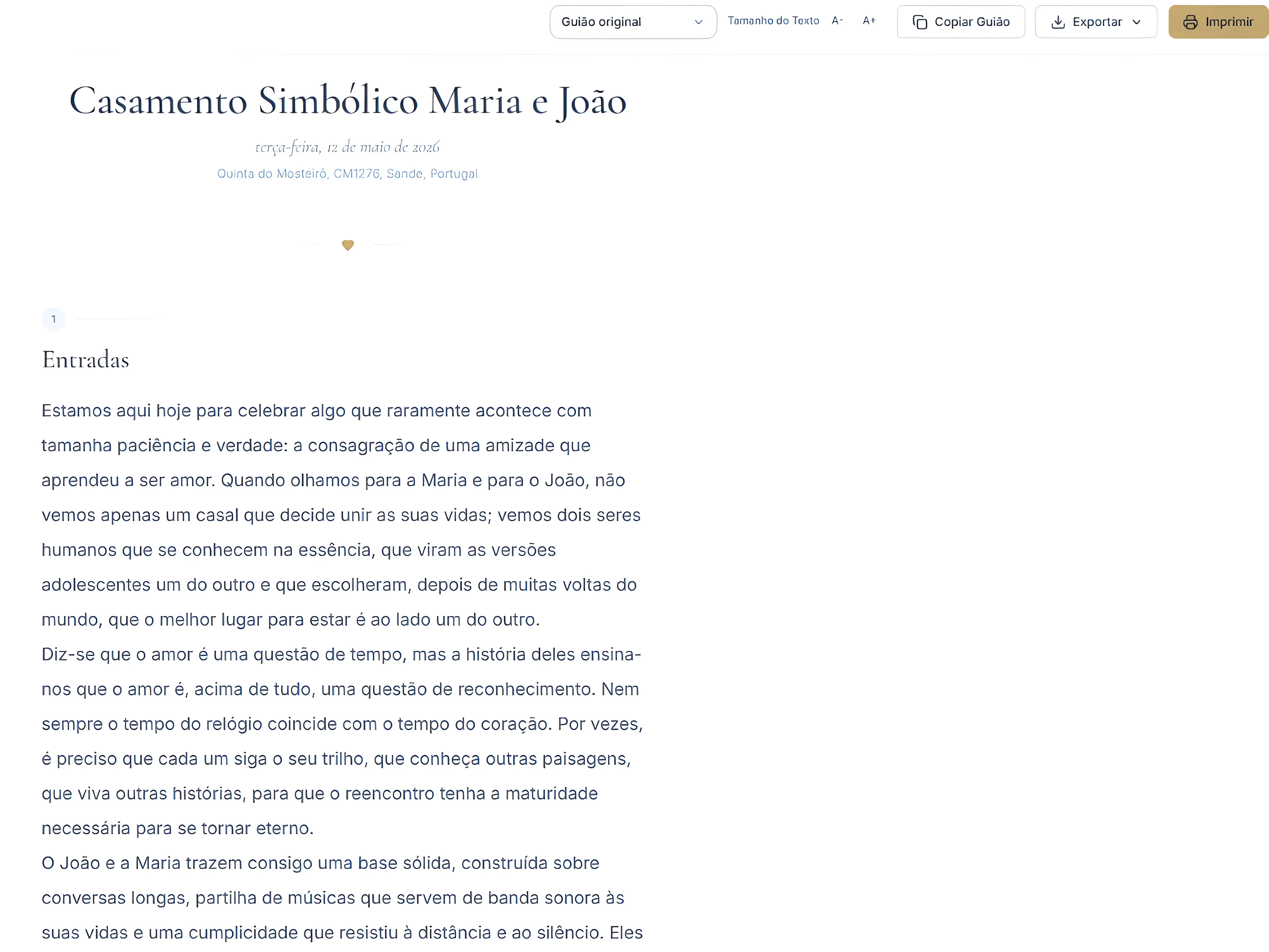 Pré-visualização do guião com seletor de versão, opções de copiar, exportar e imprimir.