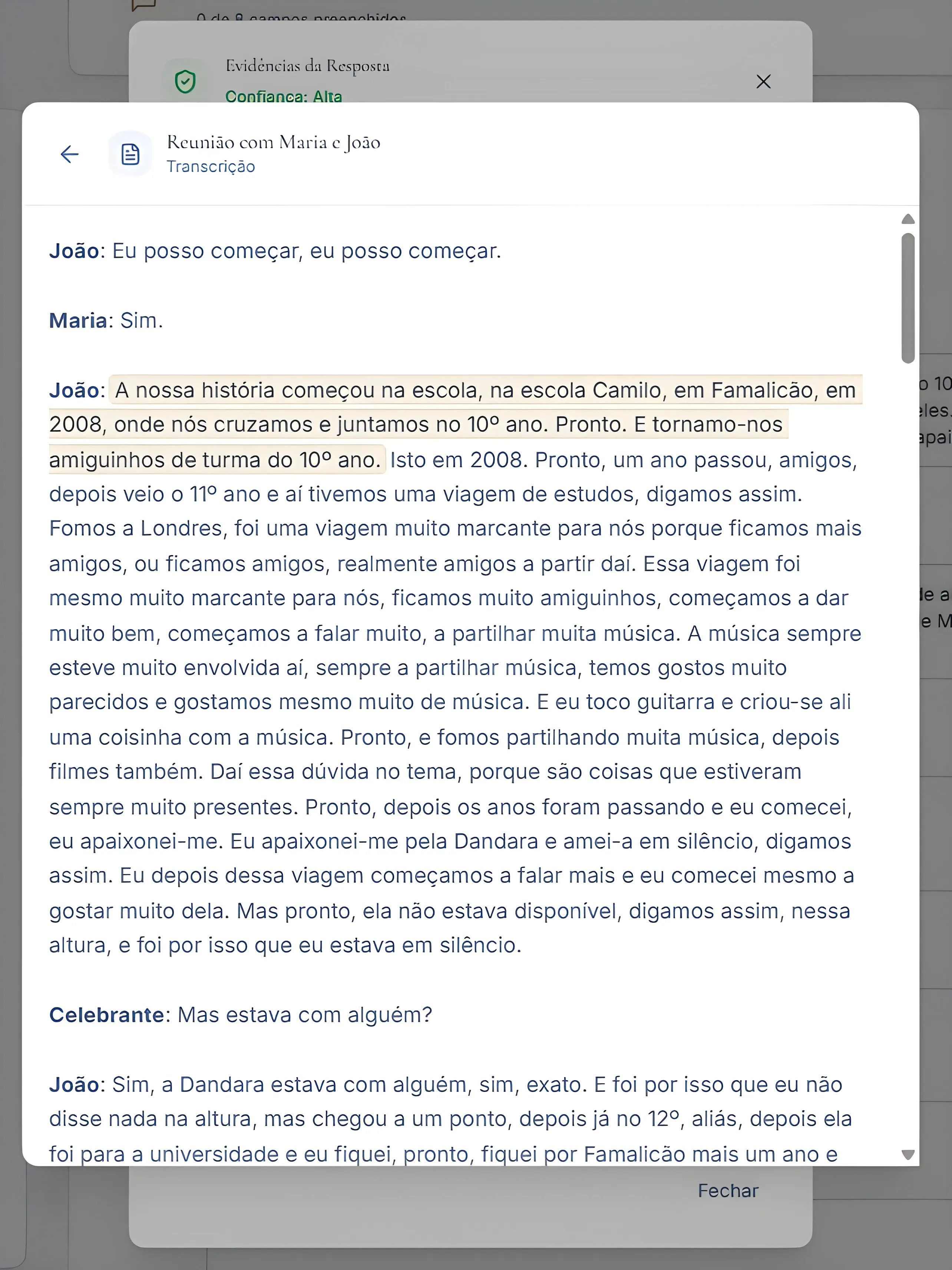Modal com a transcrição original destacando o excerto que sustenta uma resposta sugerida no questionário.