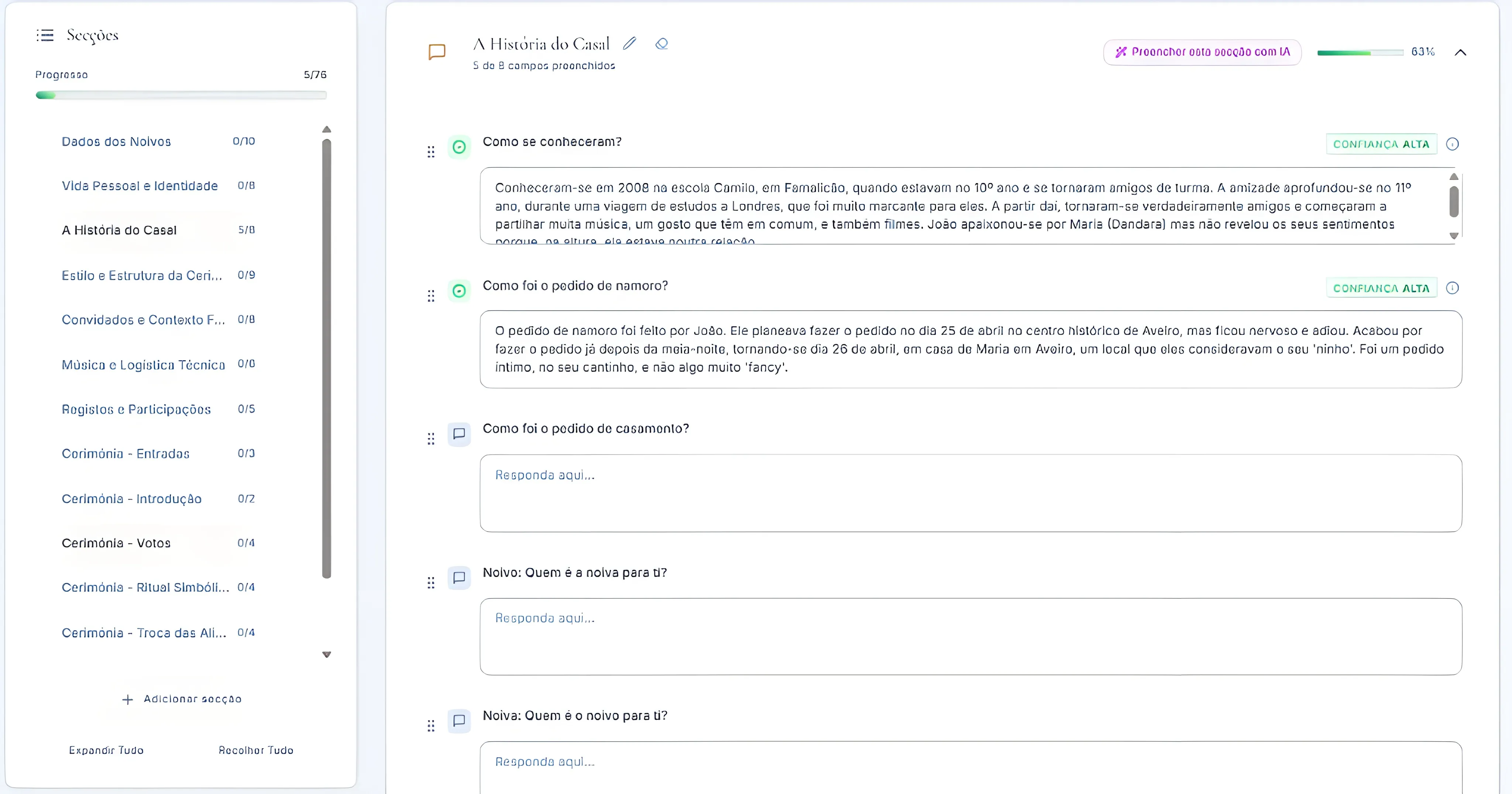 Secção do questionário parcialmente preenchida com IA, badges de confiança e progresso visíveis.