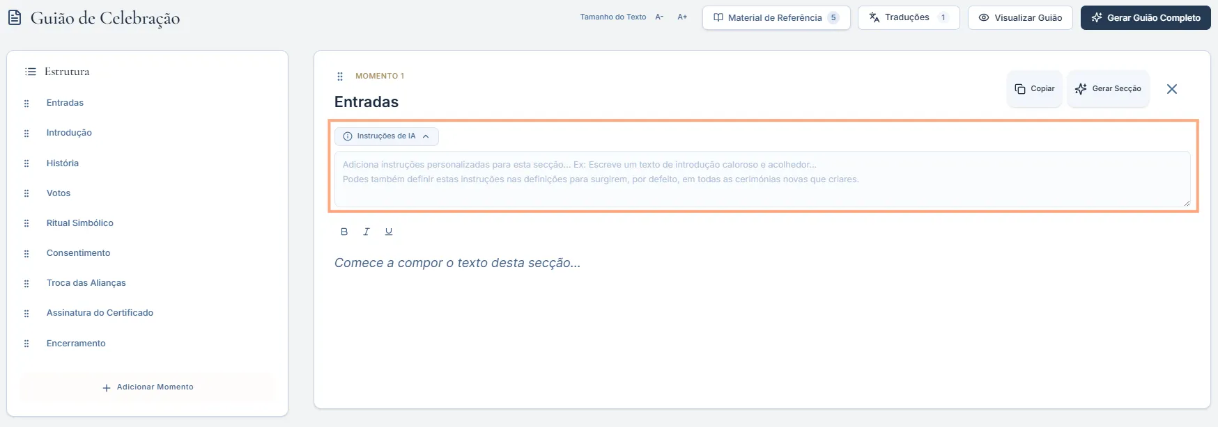 Editor do guião com a área de instruções de IA aberta e os botões Gerar Secção e Gerar Guião Completo visíveis.