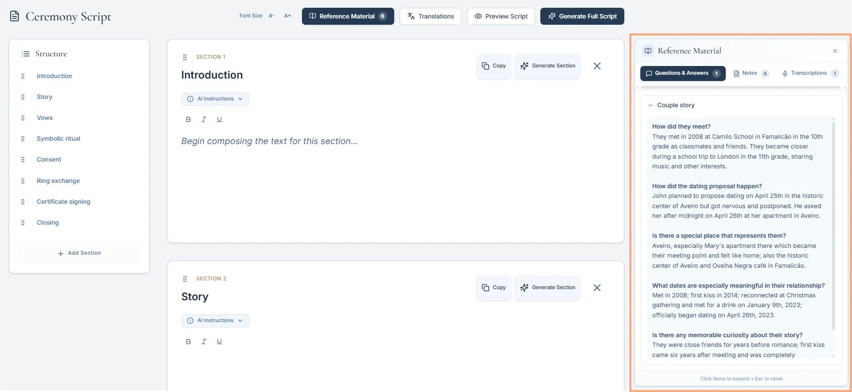 Script editor with Reference Material open on the side and several sections available for writing.
