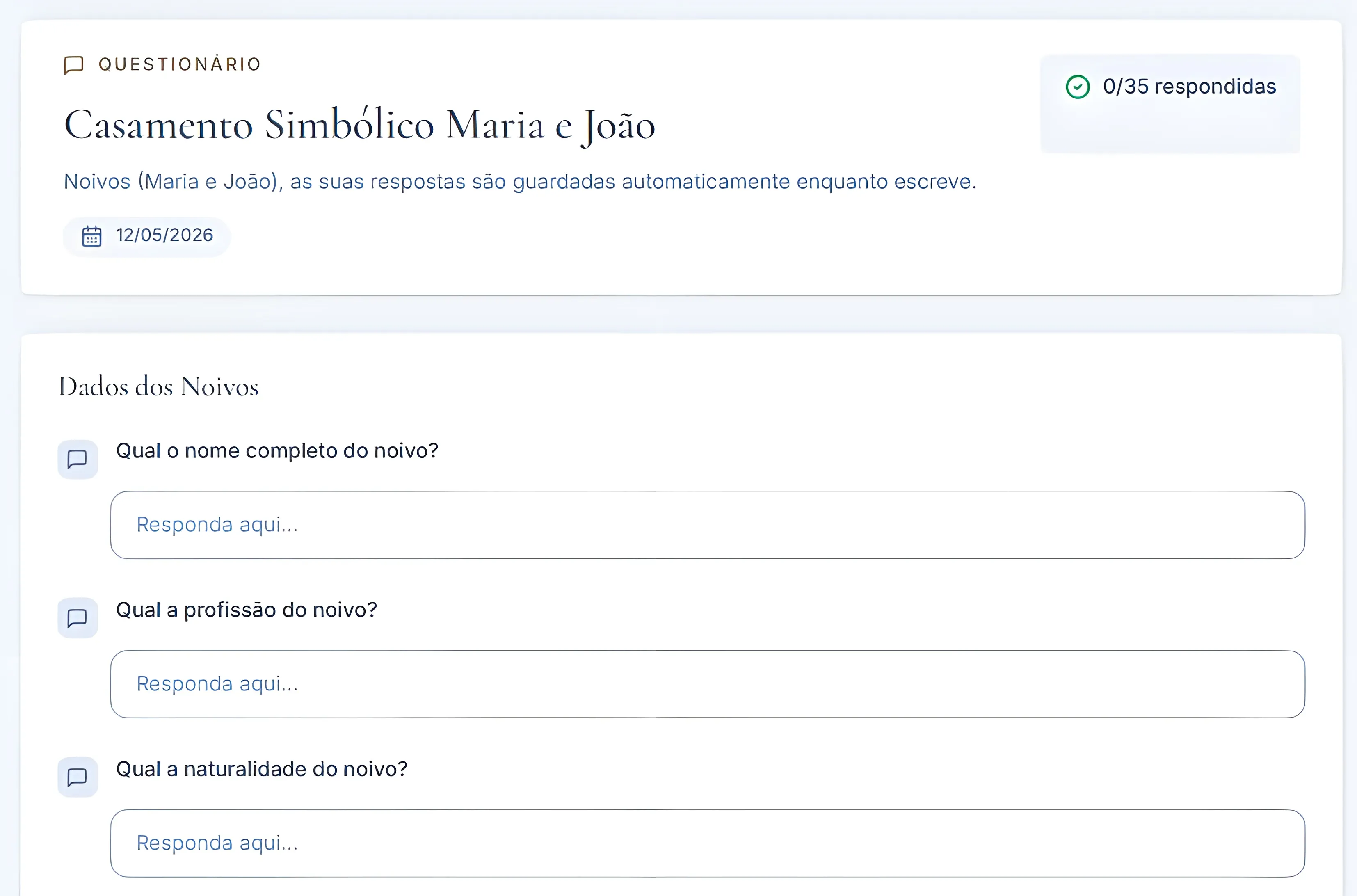 Exemplo de questionário partilhado visto do lado de fora da plataforma, com perguntas abertas para resposta.