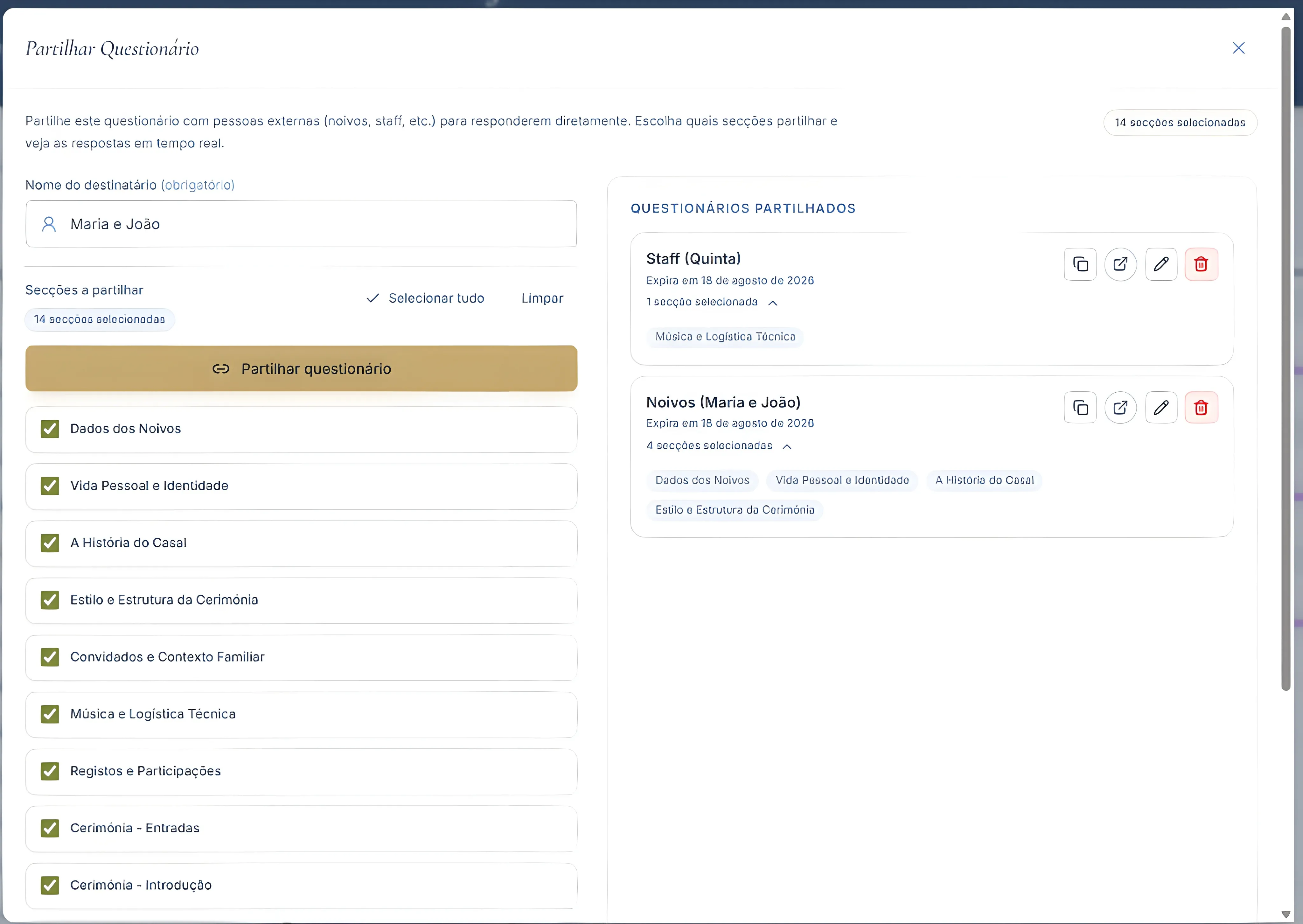 Modal de partilha de questionários com seleção de secções e lista de questionários partilhados.