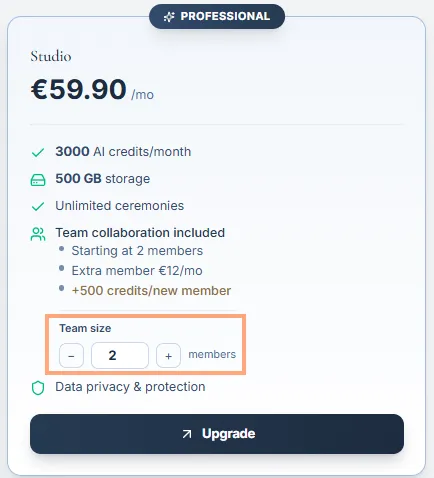 Studio plan card with price, benefits, and the team size selector visible.