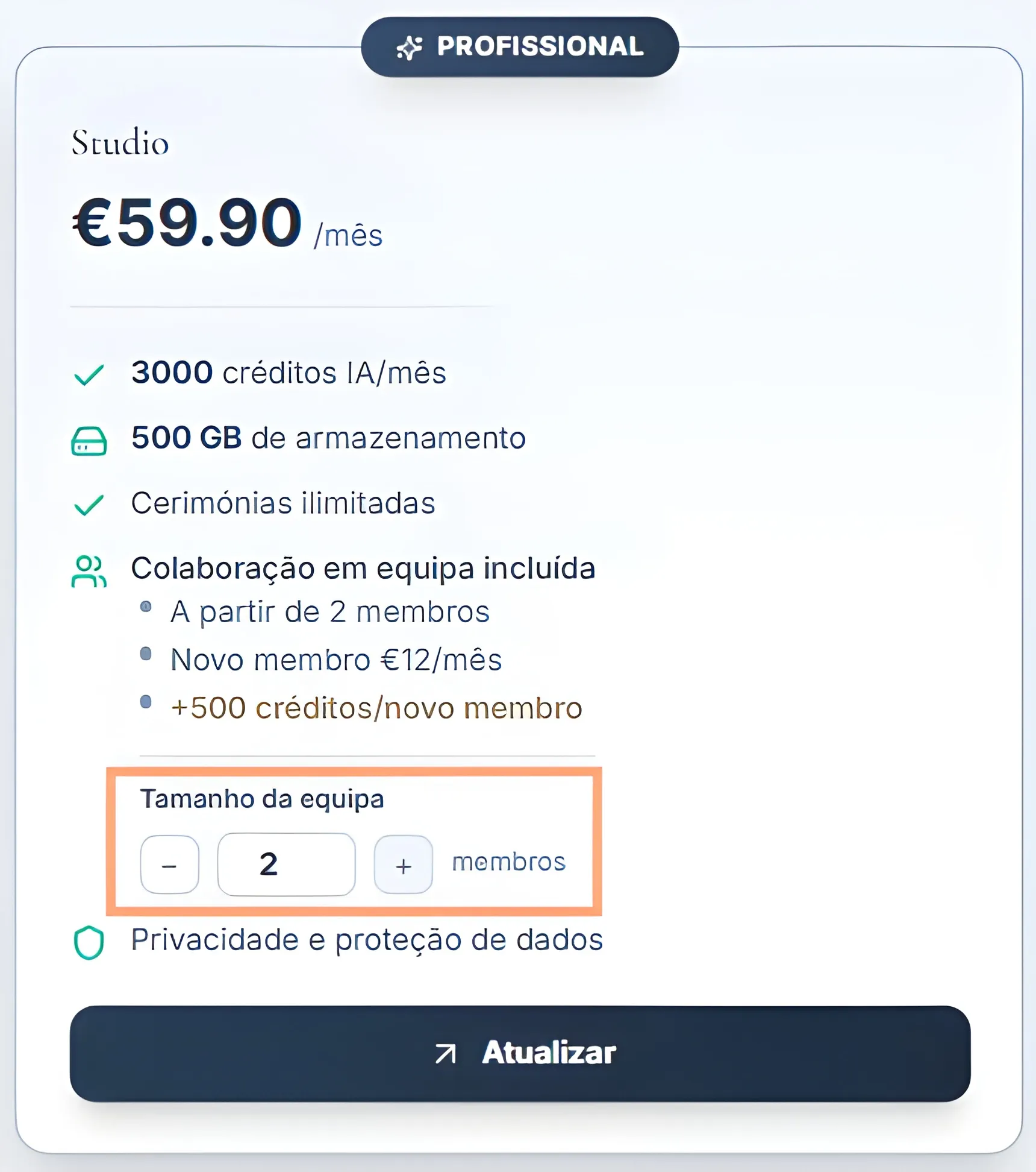 Cartão do plano Studio com preço, benefícios e seletor de tamanho da equipa.