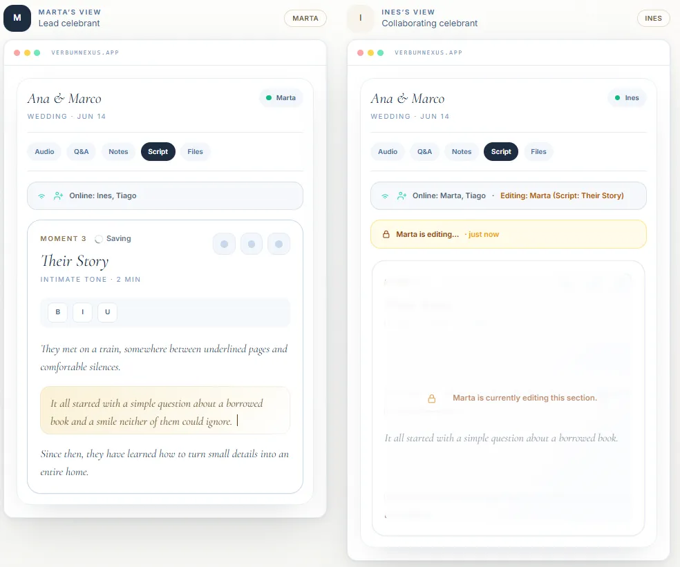 Real-time collaboration view with two people editing the same script and a section lock active.