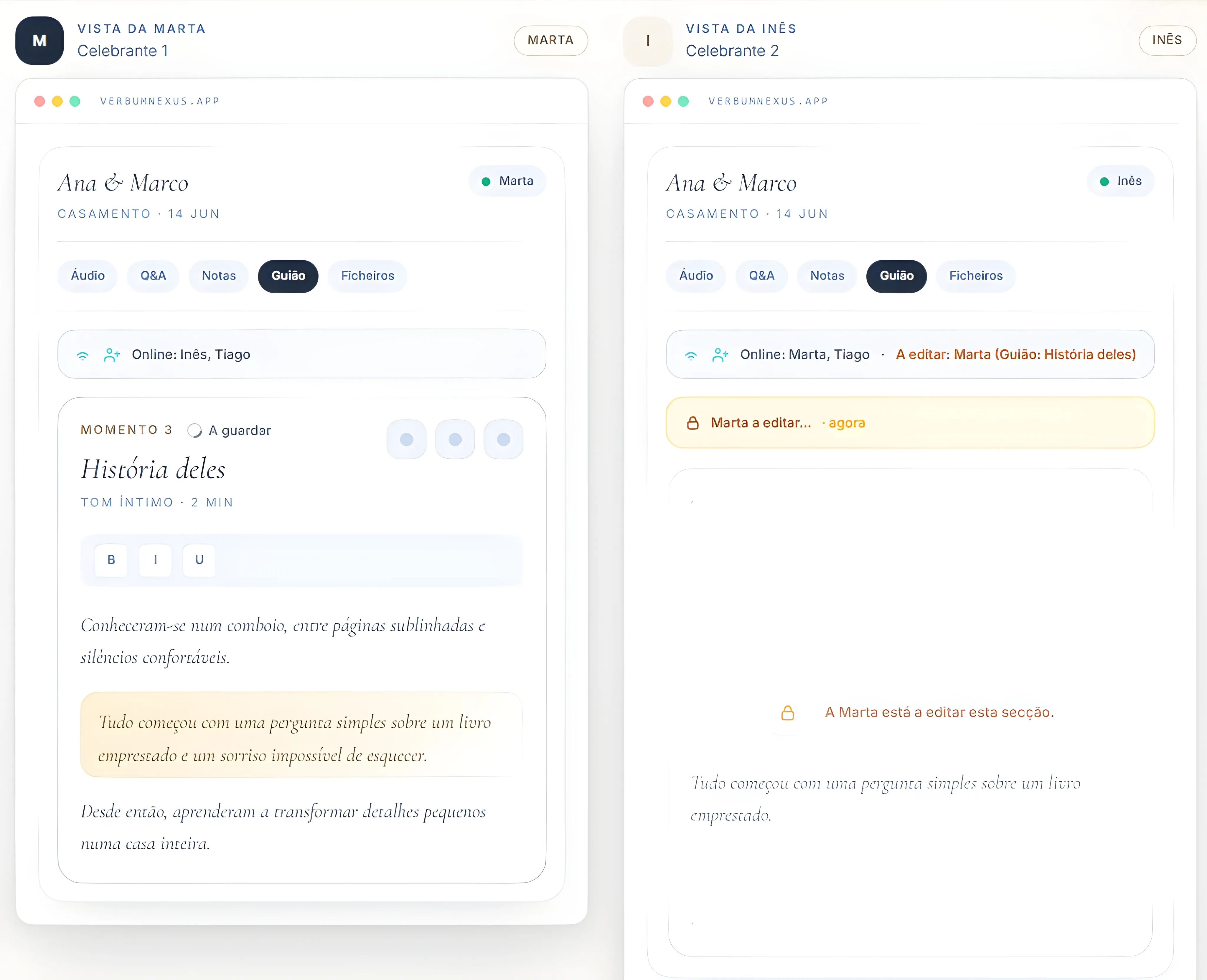 Vista de colaboração em tempo real com duas pessoas a editar o mesmo guião e bloqueio de secção ativo.