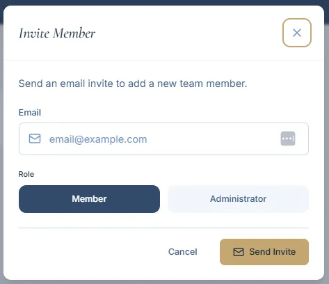 Member invitation modal with email field, role selection, and the Send Invite action visible.