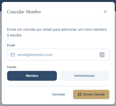 Modal de convite de membro com campo de email, escolha de função e ação Enviar Convite.