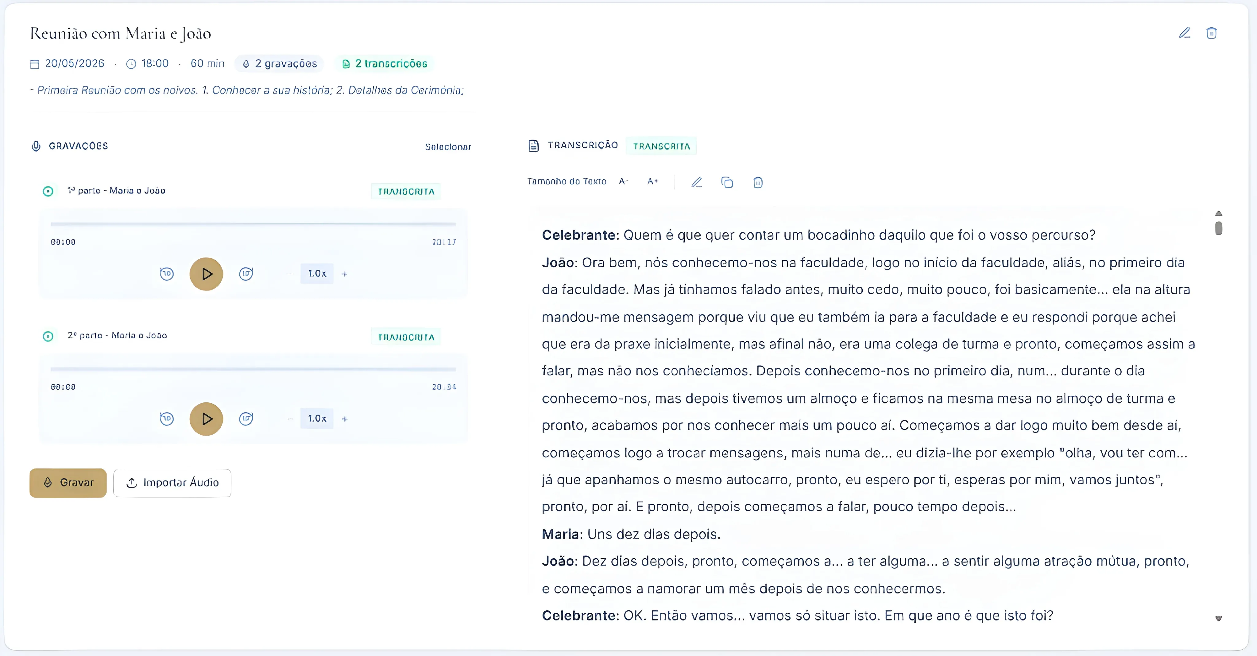 Área de reunião com vários áudios carregados à esquerda e a transcrição visível no painel da direita.