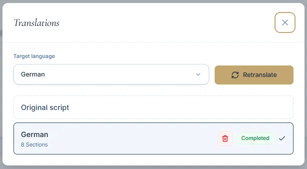 Script translations modal with a language selector and one completed translation visible.