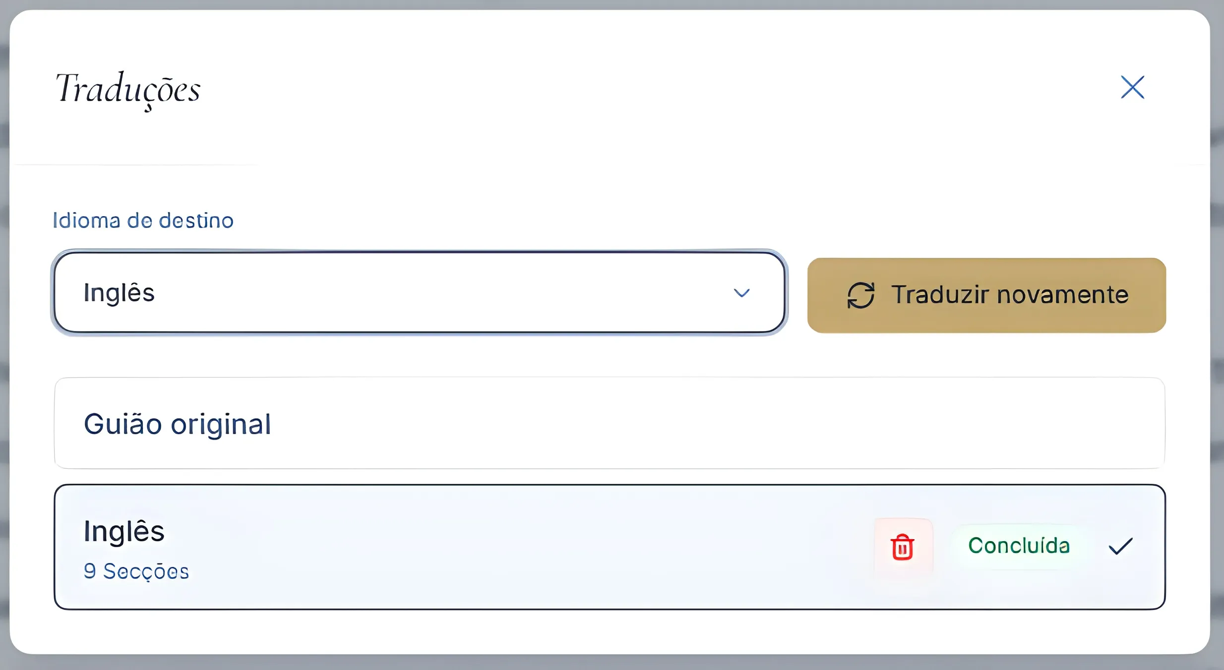 Modal de traduções do guião com seleção de idioma e uma tradução concluída visível.